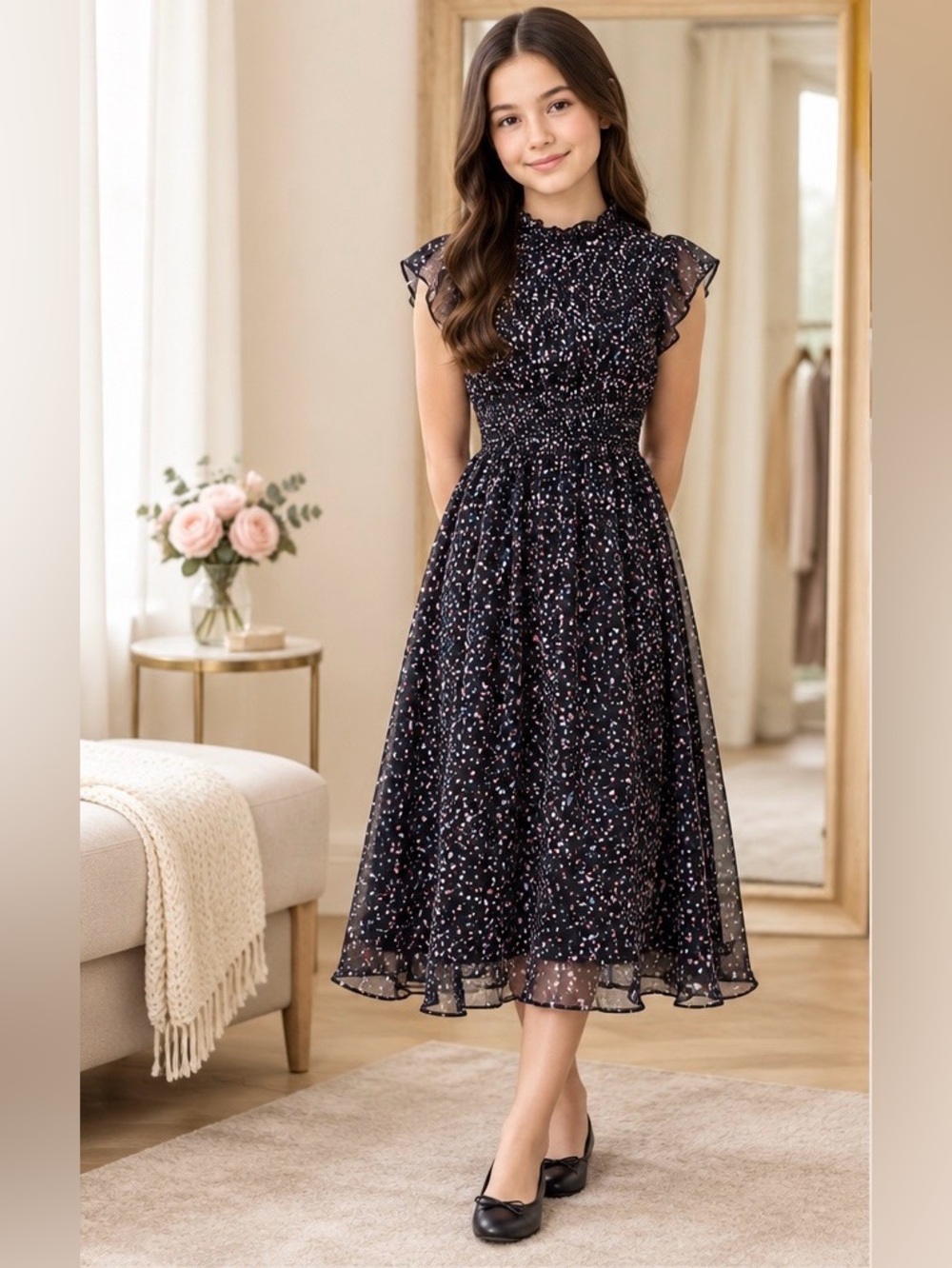 AQUA Girls Black Pink Confetti Print Smocked Waist Ruffle Dress Size S